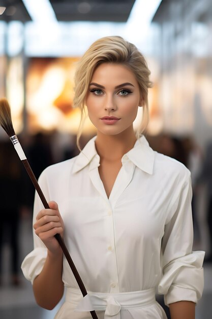 Foto foto von blonde deutsche frau mit einem make-up-bürsten-set modern art mu concept idea