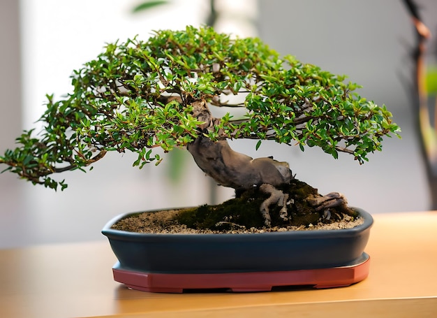 Foto von Bonsai in einem minimalistischen Topf als Zimmerpflanze zur Hausdekoration, isoliert auf verschwommenem Hintergrund