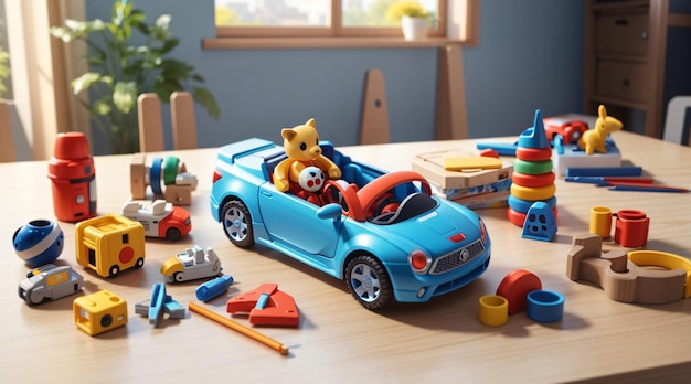 Foto von bunten Kinderspielzeugen auf einem Holztisch