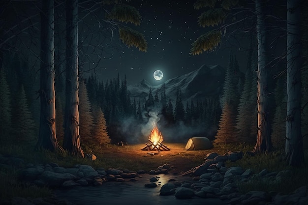 Foto von Camping in einem dunklen Wald Lagerfeuer Nachtwald Mondscheinabend am Feuer