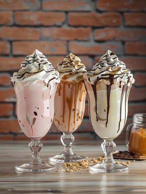 Foto foto von cremigem kaltem schokoladen-smoothie, erdbeer-frucht- und eiscreme-milkshake mit toppings