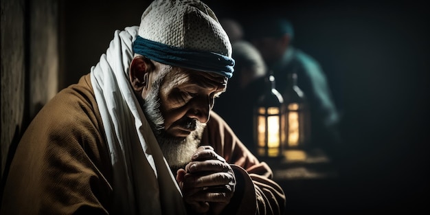Foto von der Seite muslimischer arabischer Mann, der mit geschlossenen Augen in der Moschee betet Religion und Gebet d