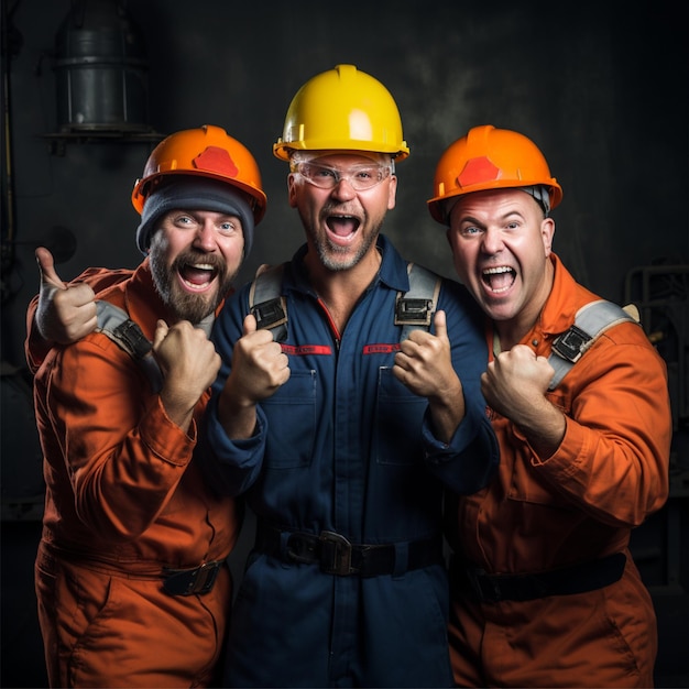 Foto von drei Arbeitern in verschiedenen Posen mit vollständigen Attributen mit begeisterten Ausdrücken