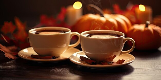 Foto von duftendem Kaffee auf einem Tisch mit Kürbissen und Dekorationen für den Feiertag Halloween