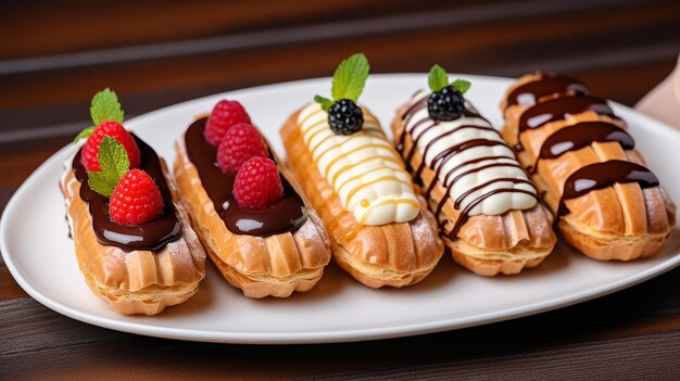 Foto von Eclairs-Dessert auf einem Teller mit Oberdekorationen