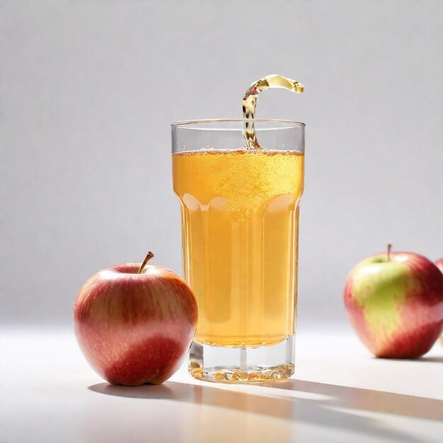 Foto foto von einem apfelsaft mit apfelstücken, die auf einem glatten hintergrund isoliert sind