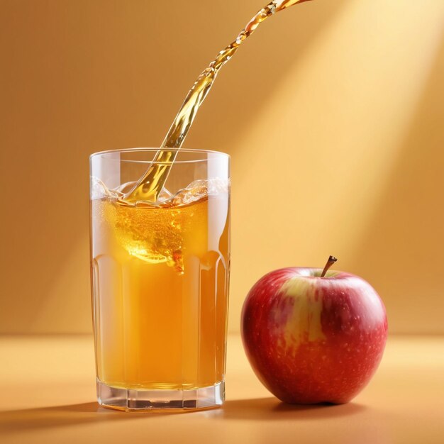 Foto von einem Apfelsaft mit Apfelstücken, die auf einem glatten Hintergrund isoliert sind