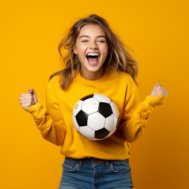 Foto von einem aufgeregten Mädchen, das einen Fußball an einer gelben Wand isoliert hält