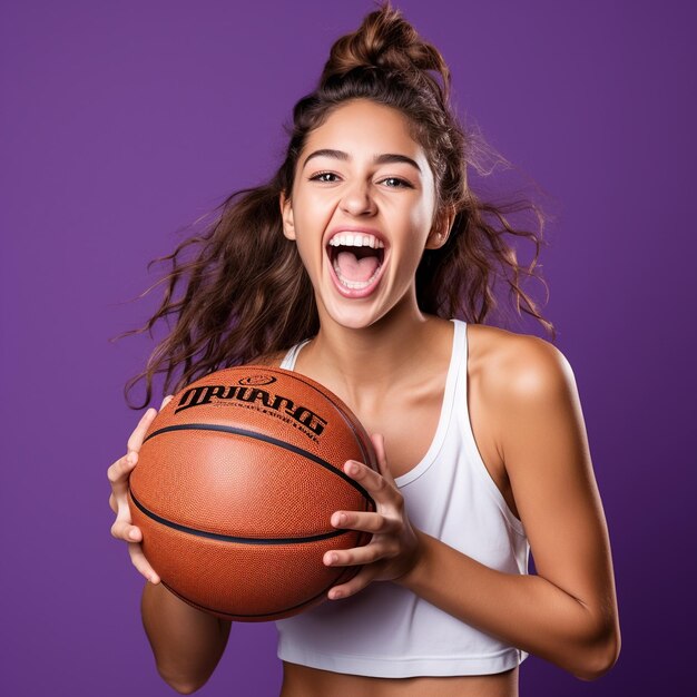 Foto von einem aufgeregten Mädchen mit einem Basketball, das an einer lilafarbenen Wand isoliert ist