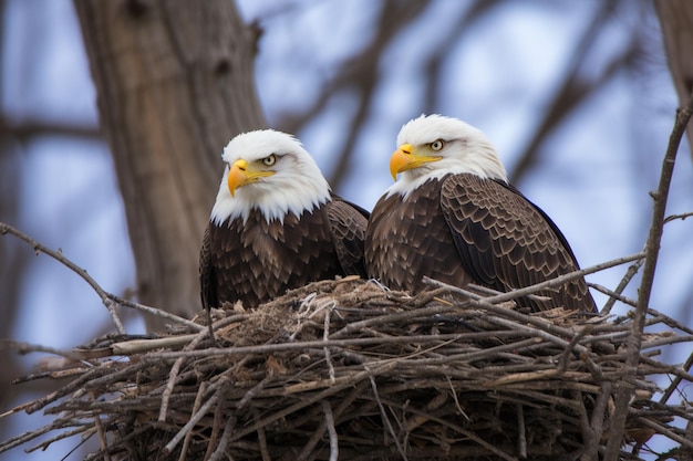 Foto foto von einem bald eagle-paar, das zusammen ein nest baut