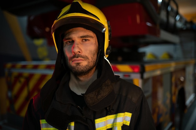 Foto von einem Feuerwehrmann mit Gasmaske und Helm in der Nähe eines Feuerwehrwagens