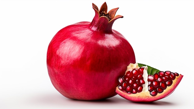 Foto von einem ganzen Granatapfel, isoliert auf einer weißen Granate auf einem weißen Hintergrund, generiert von KI