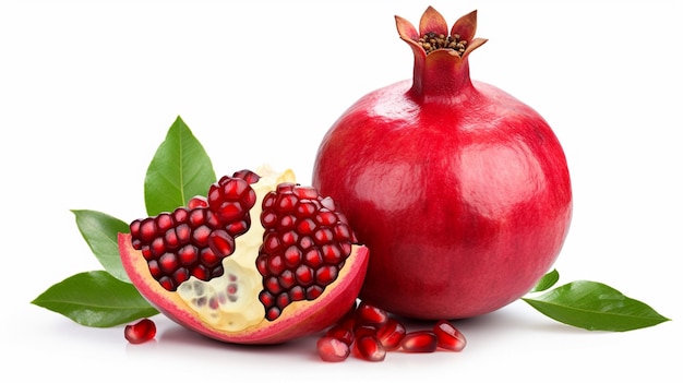 Foto von einem ganzen Granatapfel, isoliert auf einer weißen Granate auf einem weißen Hintergrund, generiert von KI