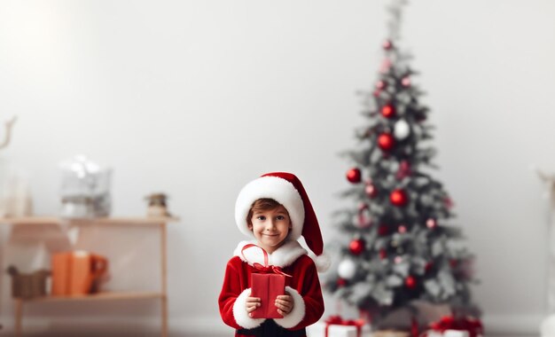 Foto von einem jungen Jungen als Weihnachtsmann mit einer roten Geschenktasche