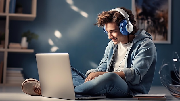 Foto von einem jungen Mann, einer Frau, einem Mädchen, einer Studenten, die mit einem Laptop arbeitet