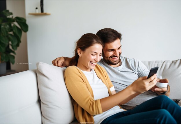 Foto von einem jungen Paar, einem alten Paar, das mit einem Smartphone und einem Handy Internet nutzt und glücklich ist