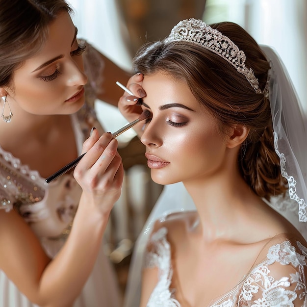 Foto von einem Make-up-Künstler, der eine Brautfrau elegant schminkt