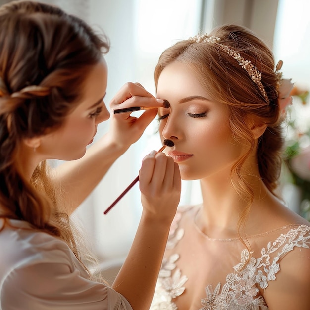 Foto von einem Make-up-Künstler, der eine Brautfrau elegant schminkt