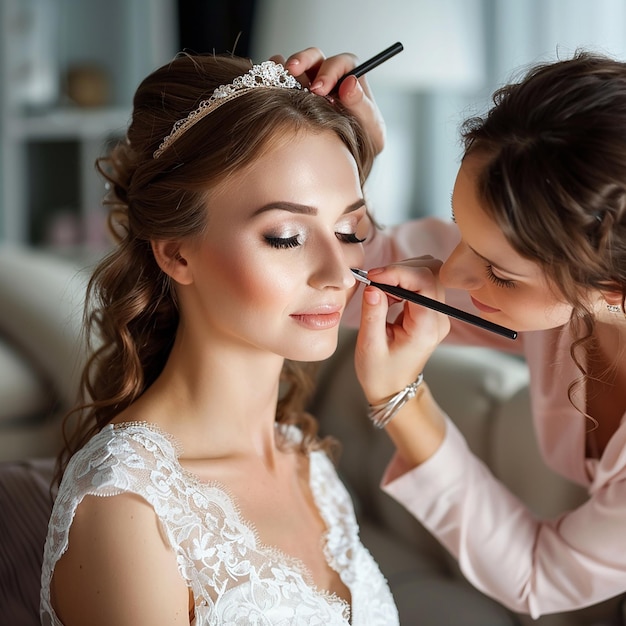 Foto von einem Make-up-Künstler, der eine Brautfrau elegant schminkt