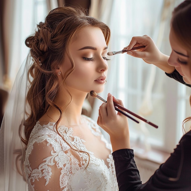 Foto von einem Make-up-Künstler, der eine Brautfrau elegant schminkt