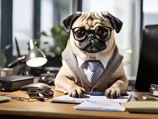 Foto von einem Mops mit Brille, der Büroarbeit macht