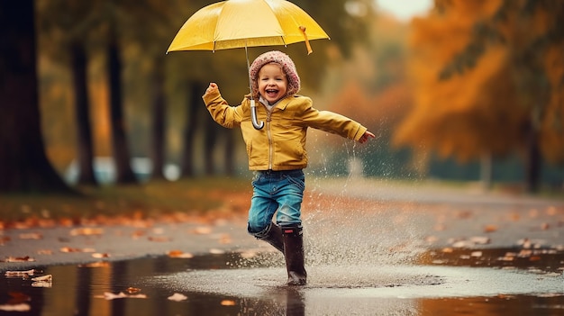 Foto von einem niedlichen kleinen Kind, das mit einem gelben Regenschirm im regnerischen schlammigen Wasser spielt