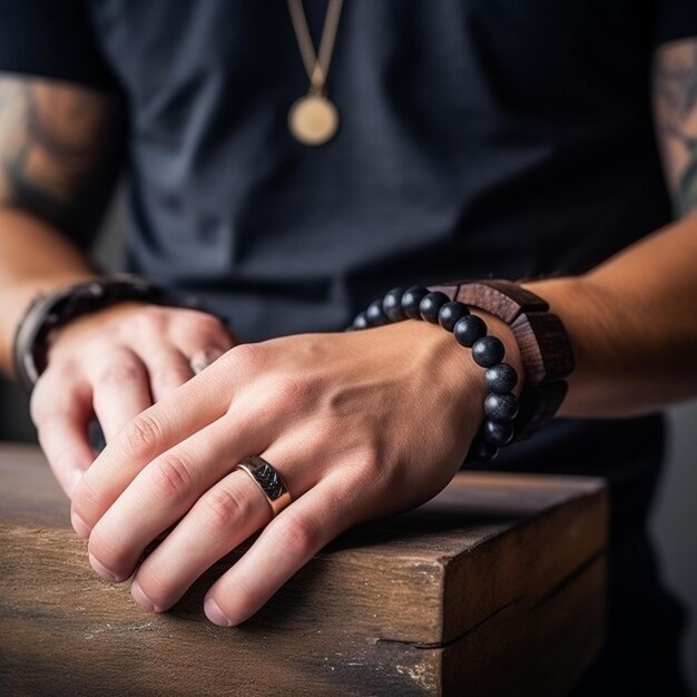 Foto foto von einem perlenarmband an einem männlichen handgelenk