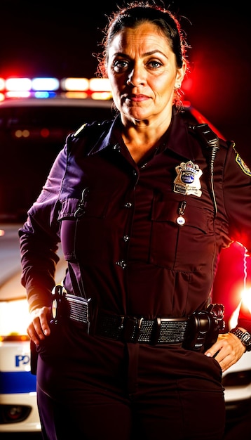 Foto von einem Polizisten mittleren Alters, der nachts vor einem Polizeiauto steht, mit hinteren Lichtern.