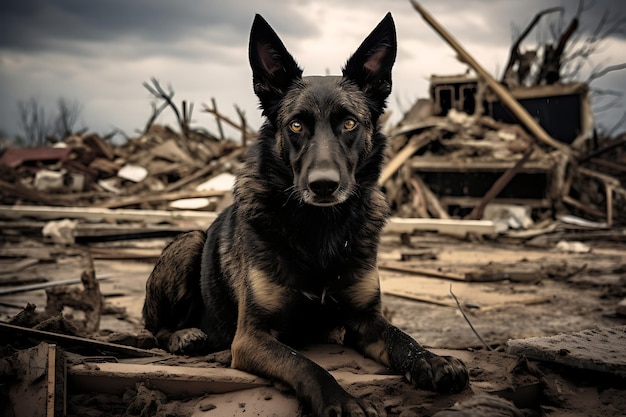 Foto von einem Rettungshund, der in den Trümmern nach Überlebenden sucht