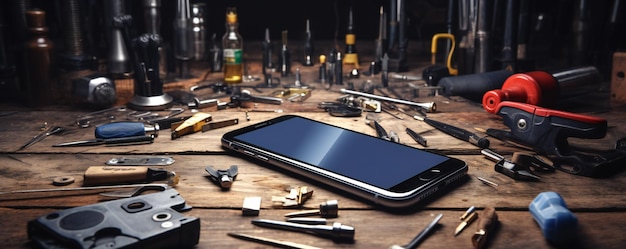 Foto von einem Tisch in einer Handy-Reparaturwerkstatt mit Smartphone und Ausrüstung