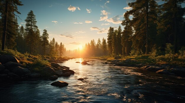 Foto von einem weiten Waldbild mit einem Fluss, der zwischen den Wäldern fließt