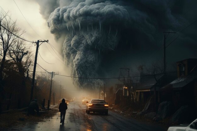 Foto von einem zerstörerischen großen Staubtornado, der durch die Stadt fließt