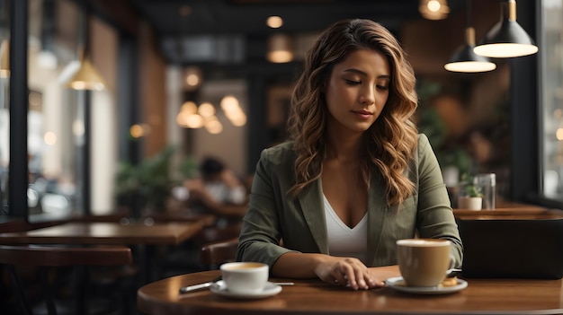 Foto von einer Frau, die in einem Café mit einem Computer arbeitet