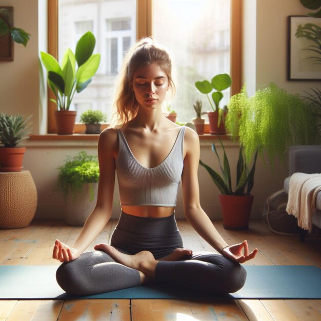 Foto von einer Frau, die Yoga übt, schöne Yoga-Bewegungen, die Yoga zu Hause üben