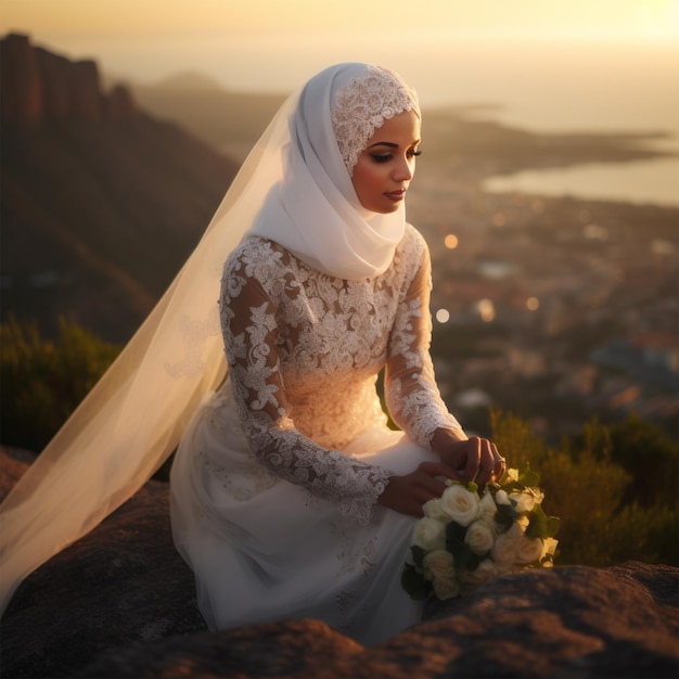 Foto von einer Hijabi-Braut bei einer Hochzeit auf dem Tischberg