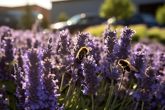 Foto von einer Hummel, die einen Lavendelhaufen bestäubt