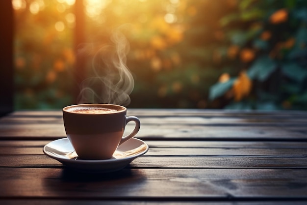 Foto von einer Kaffeetasse auf einem hölzernen Tisch am Morgen