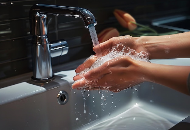 Foto von einer tiefen Reinigung, bei der die Hände mit Wasser und Seife gewaschen werden, mit Handgelenkblasen im Waschbecken