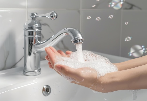 Foto von einer tiefen Reinigung, bei der die Hände mit Wasser und Seife gewaschen werden, mit Handgelenkblasen im Waschbecken