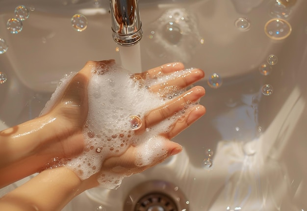 Foto von einer tiefen Reinigung, bei der die Hände mit Wasser und Seife gewaschen werden, mit Handgelenkblasen im Waschbecken