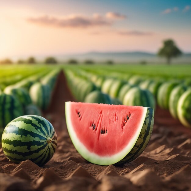 Foto von einer Wassermelone, die an einem landwirtschaftlichen Grundstück mit verschwommenem Hintergrund befestigt ist