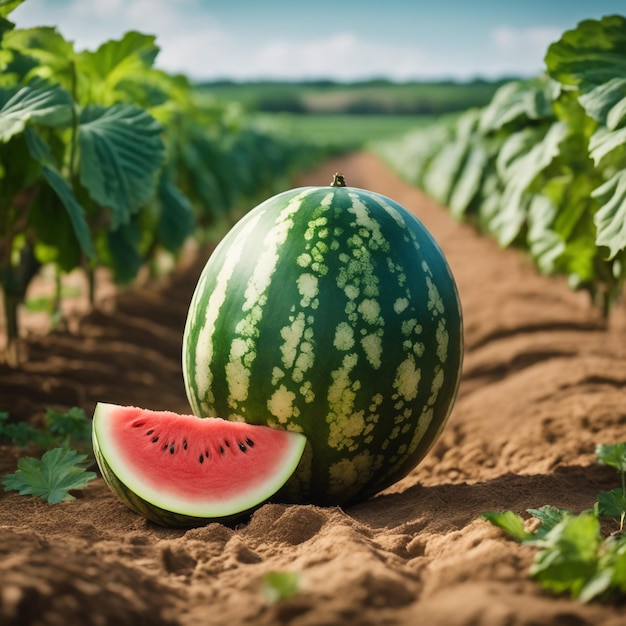 Foto von einer Wassermelone, die an einem landwirtschaftlichen Grundstück mit verschwommenem Hintergrund befestigt ist