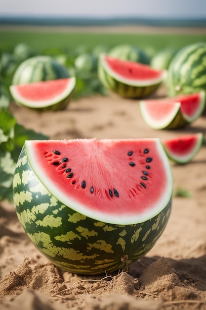 Foto von einer Wassermelone, die an einem landwirtschaftlichen Grundstück mit verschwommenem Hintergrund befestigt ist