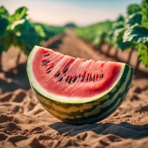 Foto von einer Wassermelone, die an einem landwirtschaftlichen Grundstück mit verschwommenem Hintergrund befestigt ist