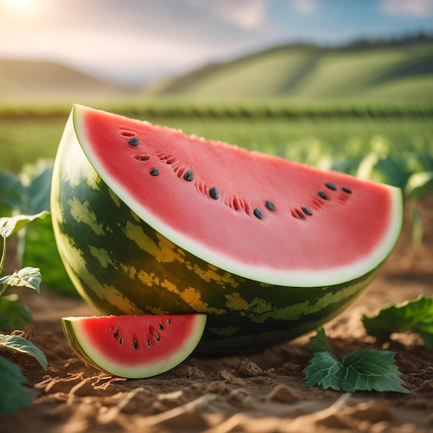 Foto von einer Wassermelone, die an einem landwirtschaftlichen Grundstück mit verschwommenem Hintergrund befestigt ist