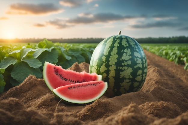 Foto von einer Wassermelone, die an einem landwirtschaftlichen Grundstück mit verschwommenem Hintergrund befestigt ist