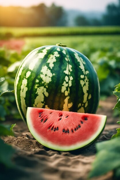 Foto von einer Wassermelone, die an einem landwirtschaftlichen Grundstück mit verschwommenem Hintergrund befestigt ist