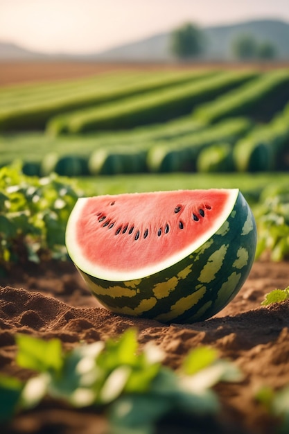 Foto von einer Wassermelone, die an einem landwirtschaftlichen Grundstück mit verschwommenem Hintergrund befestigt ist