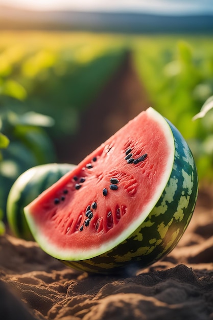 Foto von einer Wassermelone, die an einem landwirtschaftlichen Grundstück mit verschwommenem Hintergrund befestigt ist