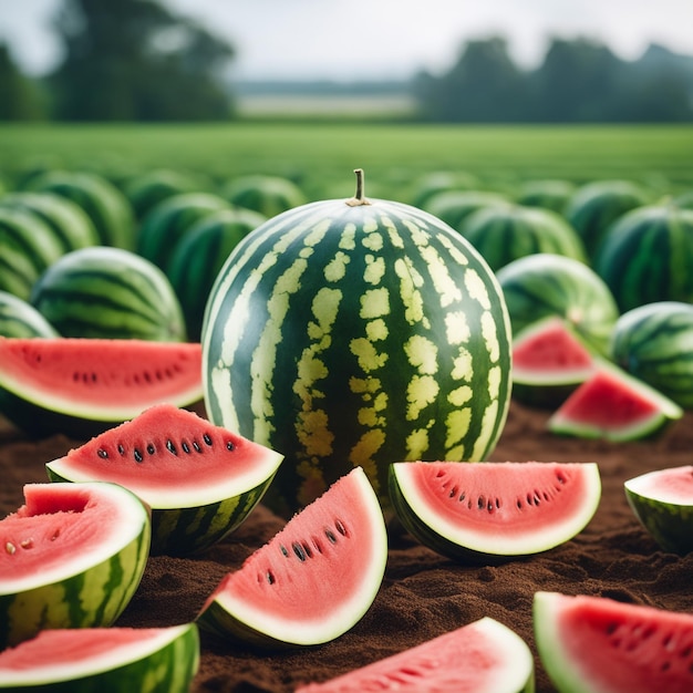 Foto von einer Wassermelone, die an einem landwirtschaftlichen Grundstück mit verschwommenem Hintergrund befestigt ist